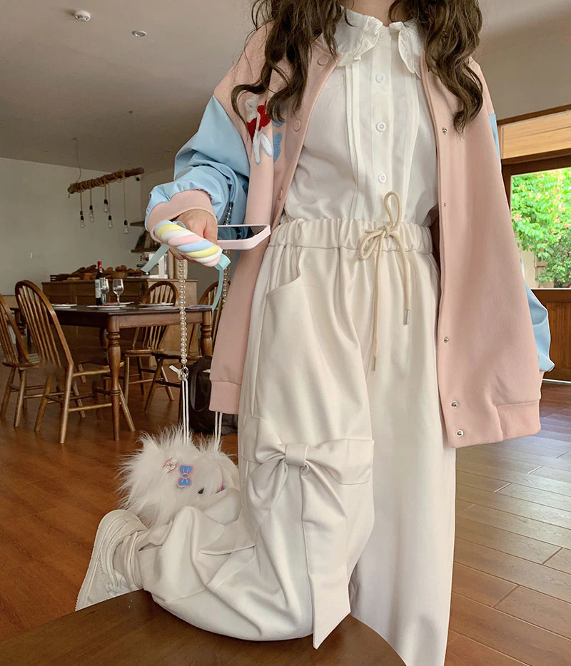 Sweet Fall Autumn Wool Pink White Three Bows Loose Pants - Image 9