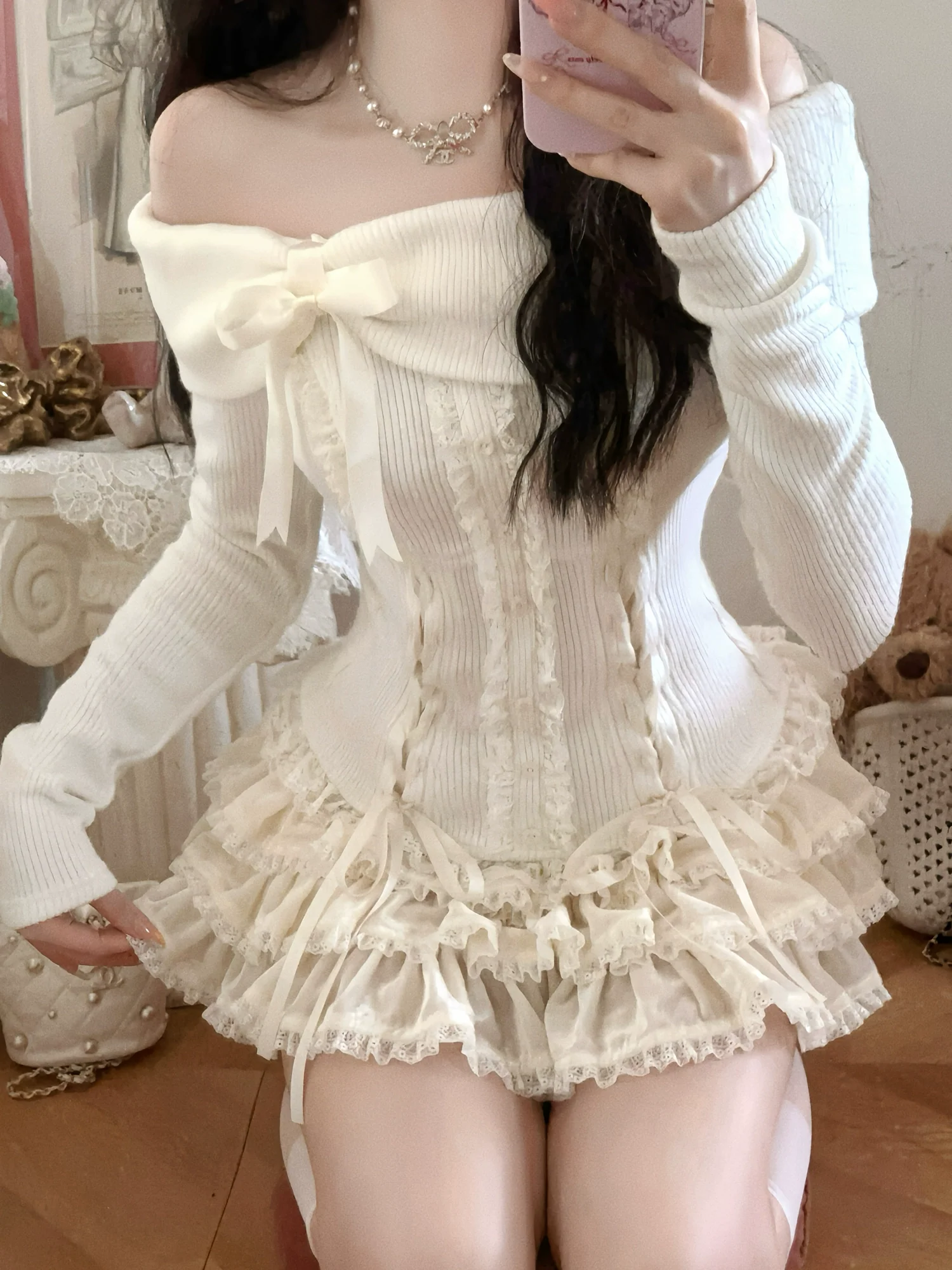 Sweet Fragrance Bonbon Pink Cream Sweater Top & Skirt Two Piece Set - Image 2