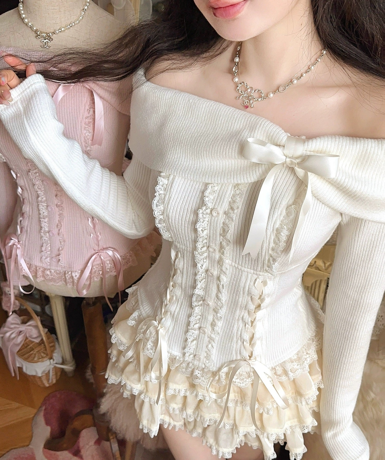 Sweet Fragrance Bonbon Pink Cream Sweater Top & Skirt Two Piece Set - Image 4