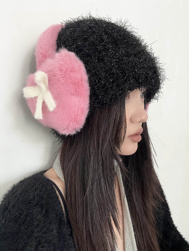 Sweet Heart Shaped Bow Plush Thick Foldable Winter Earmuffs - Image 2