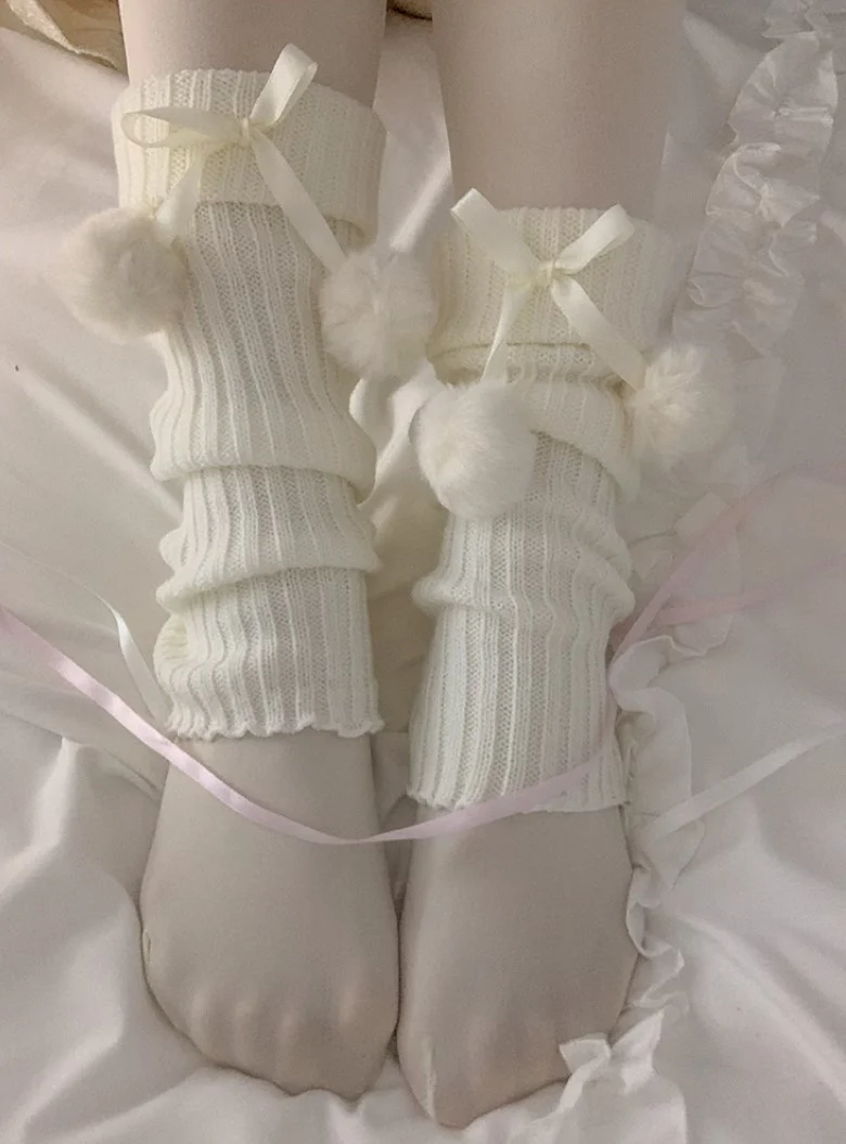 Sweet Knit Pompom Balls White Pink Blue Leg Warmers - Image 2