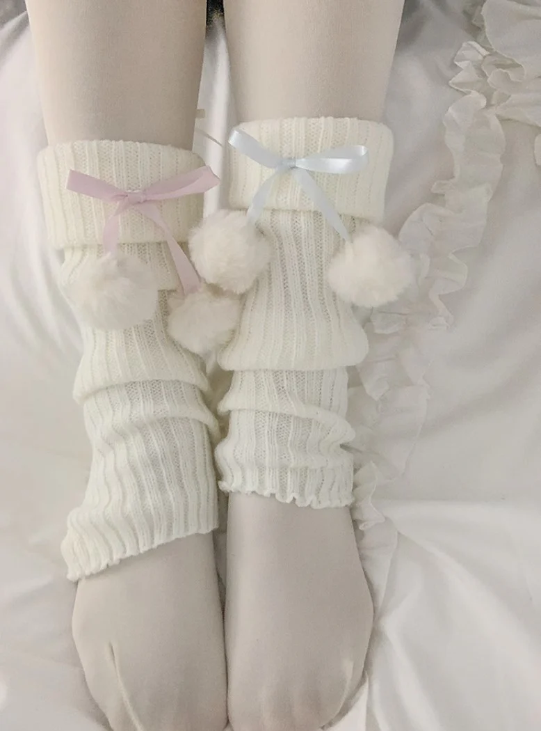 Sweet Knit Pompom Balls White Pink Blue Leg Warmers - Image 3