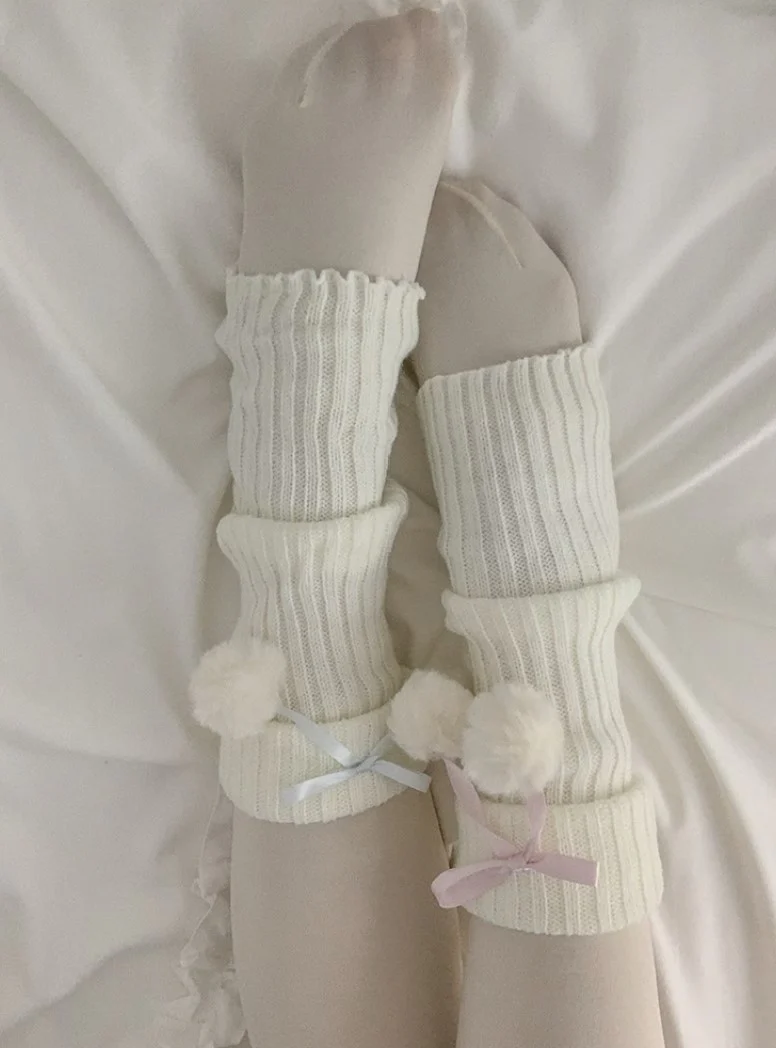 Sweet Knit Pompom Balls White Pink Blue Leg Warmers - Image 4