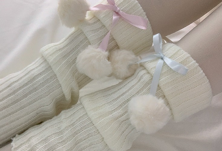 Sweet Knit Pompom Balls White Pink Blue Leg Warmers - Image 5
