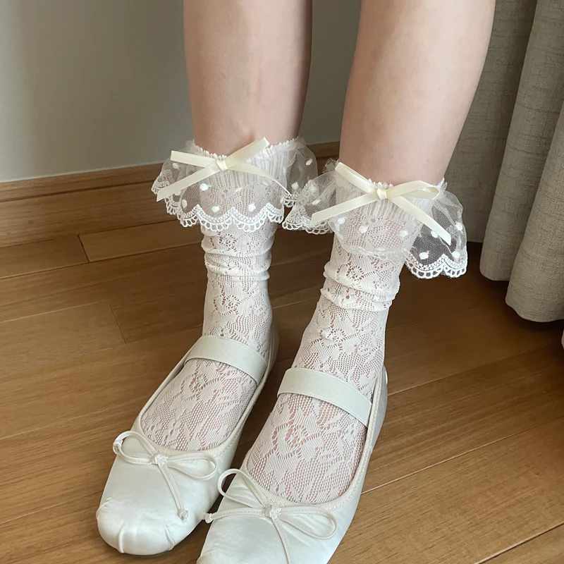 Sweet Lace See Through Lolita White Black Bow Mid Calf Socks - Image 4