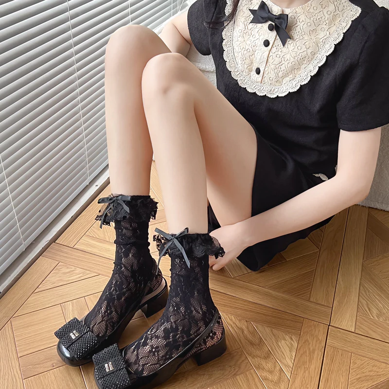 Sweet Lace See Through Lolita White Black Bow Mid Calf Socks - Image 6