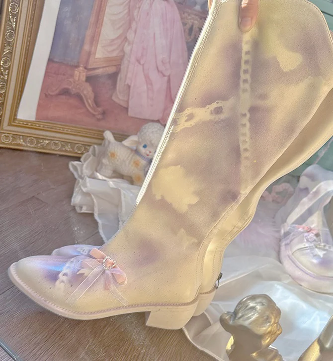 Pinky Sweet Pink Bow Lace Graffiti White Purple Knight High Boots Shoes - Image 10