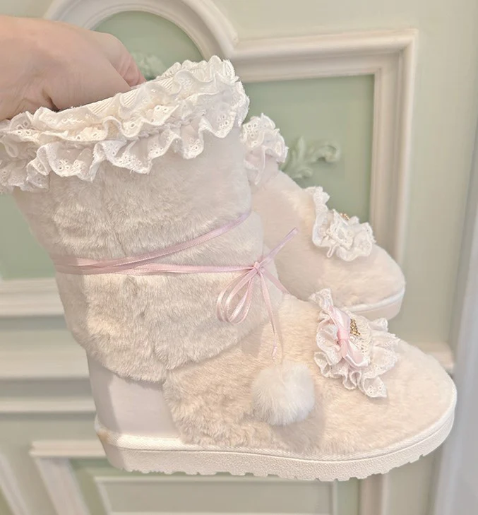 Pinky Sweet Princess Fur Plush Pompom Balls Thick White Snow Boots Shoes - Image 8