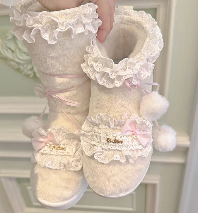 Pinky Sweet Princess Fur Plush Pompom Balls Thick White Snow Boots Shoes - Image 9