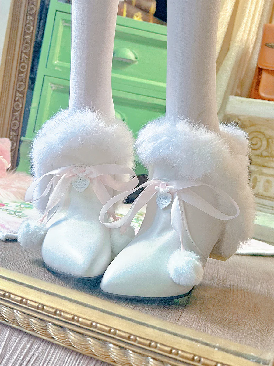 Pinky Sweet Princess Fur Plush Pompom Balls White Short Pointed Toe Boots Shoes - Image 2