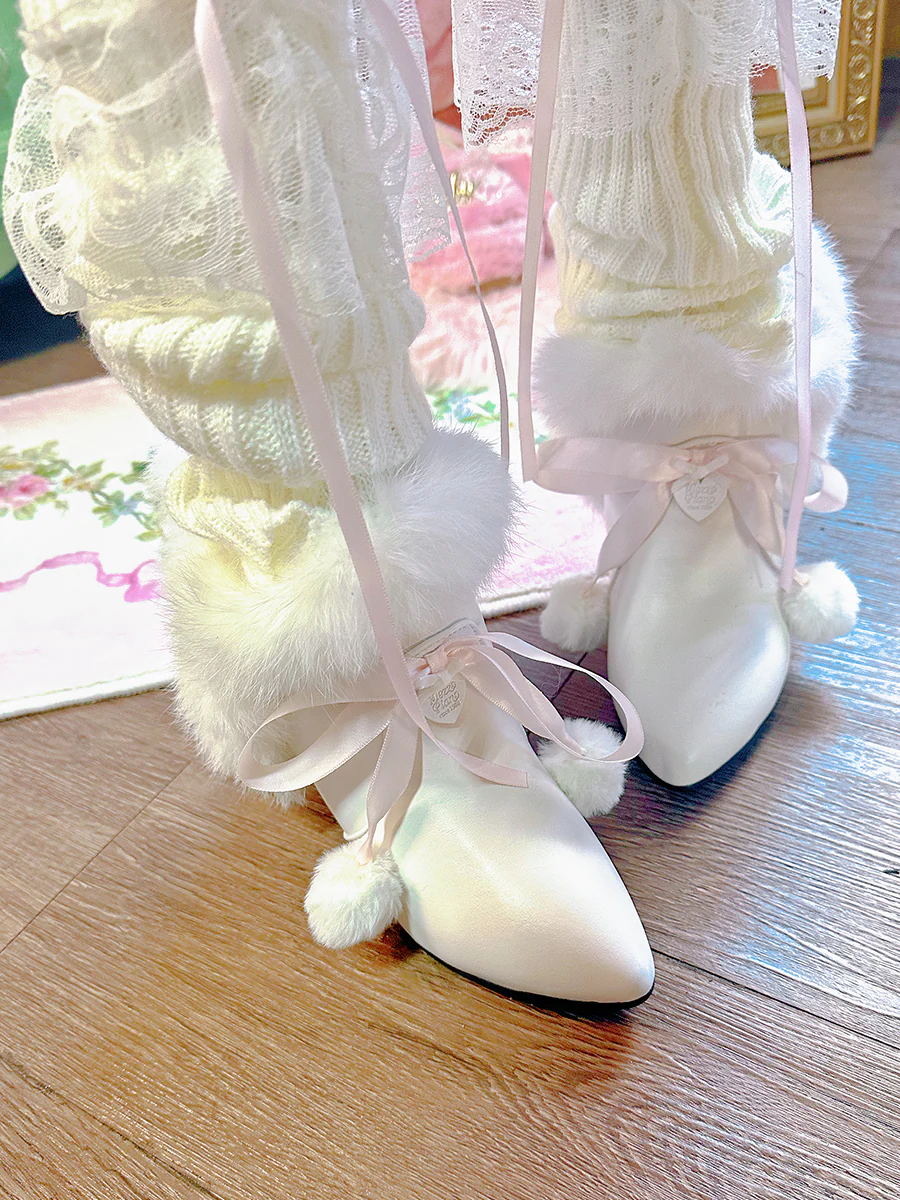 Pinky Sweet Princess Fur Plush Pompom Balls White Short Pointed Toe Boots Shoes - Image 4