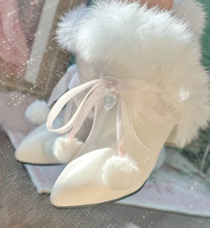 Pinky Sweet Princess Fur Plush Pompom Balls White Short Pointed Toe Boots Shoes - Image 5