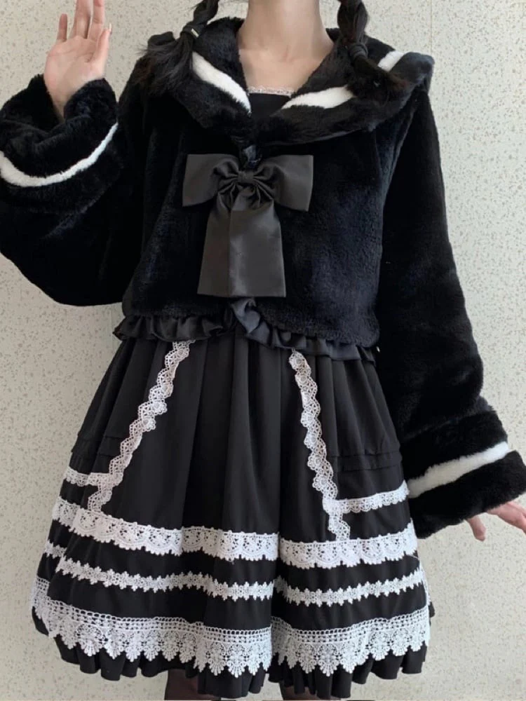 Sweet Sakura Lolita Pink & Black Navy Collar Plush Jacket Coat - Image 2
