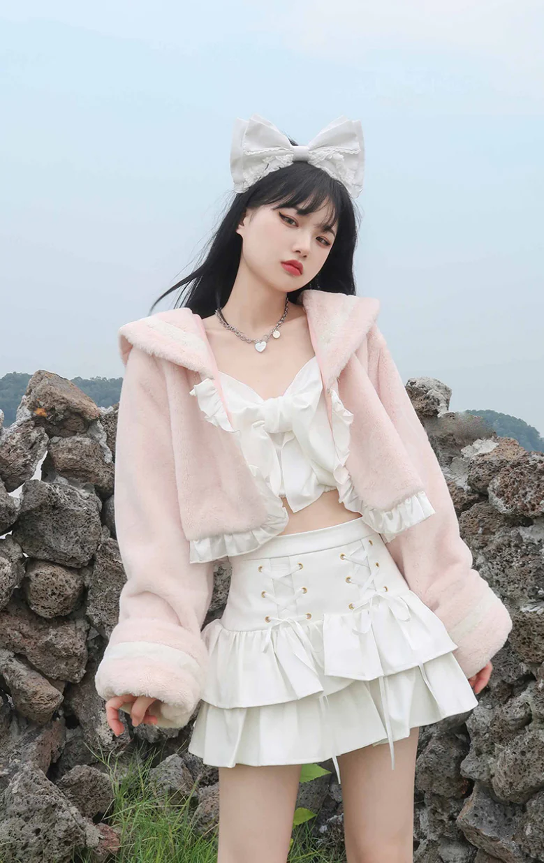 Sweet Sakura Lolita Pink & Black Navy Collar Plush Jacket Coat - Image 3