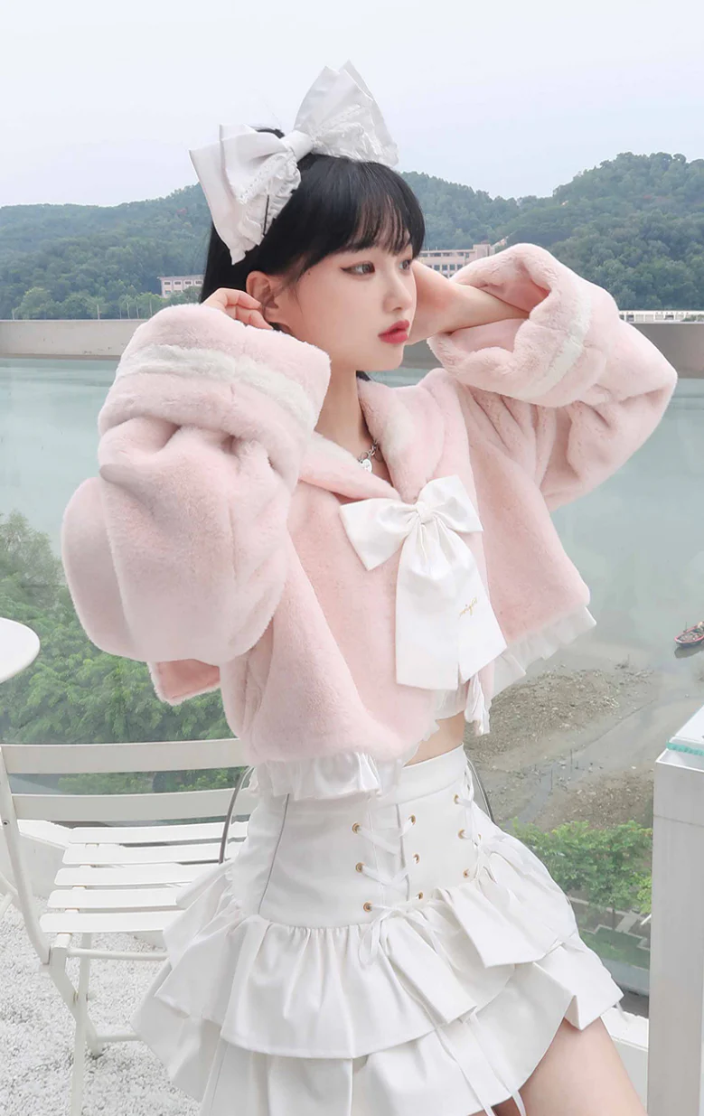 Sweet Sakura Lolita Pink & Black Navy Collar Plush Jacket Coat - Image 4