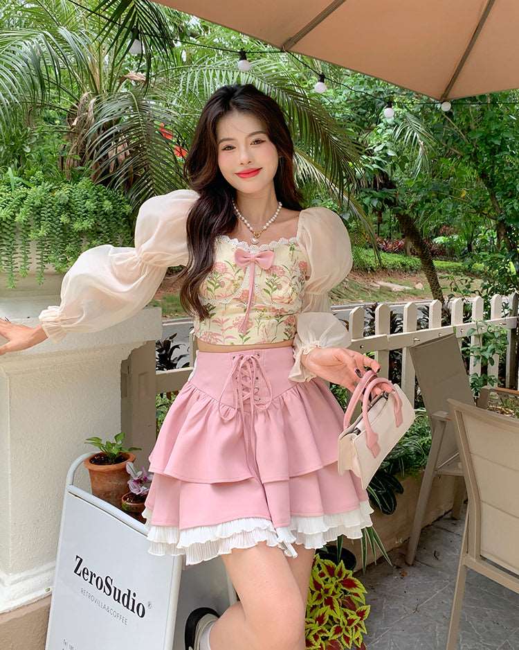 Blue Angel Sweet Vintage Elegant Pink Floral Blouse Skirt Two Piece Set - Image 3