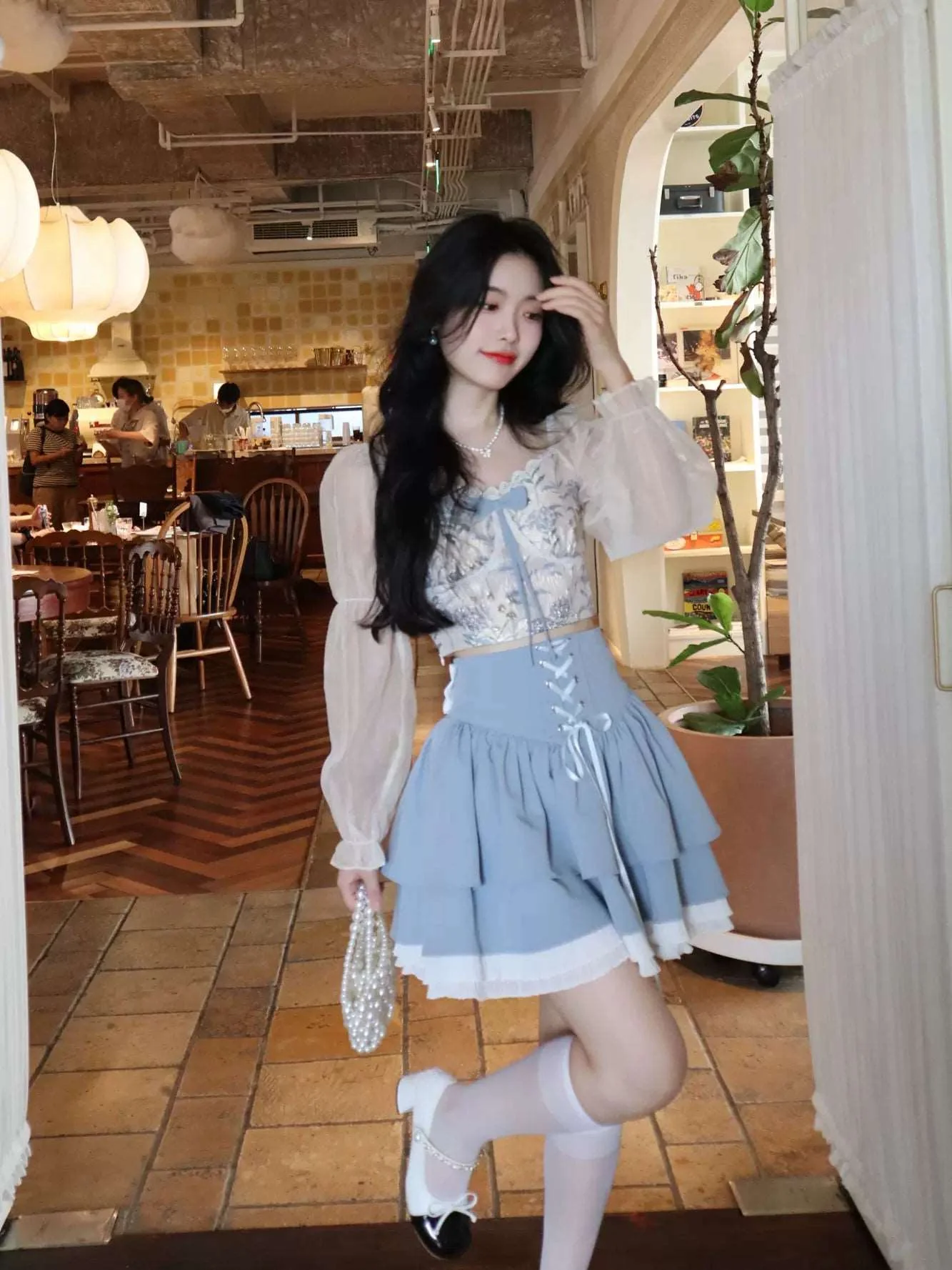 Blue Angel Sweet Vintage Elegant Pink Floral Blouse Skirt Two Piece Set - Image 4