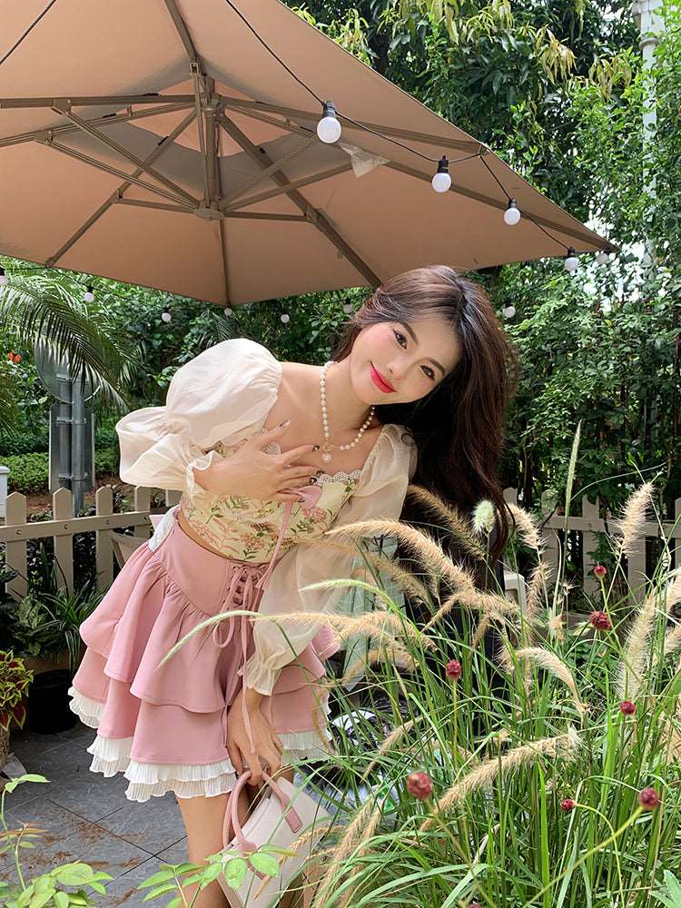 Blue Angel Sweet Vintage Elegant Pink Floral Blouse Skirt Two Piece Set - Image 5