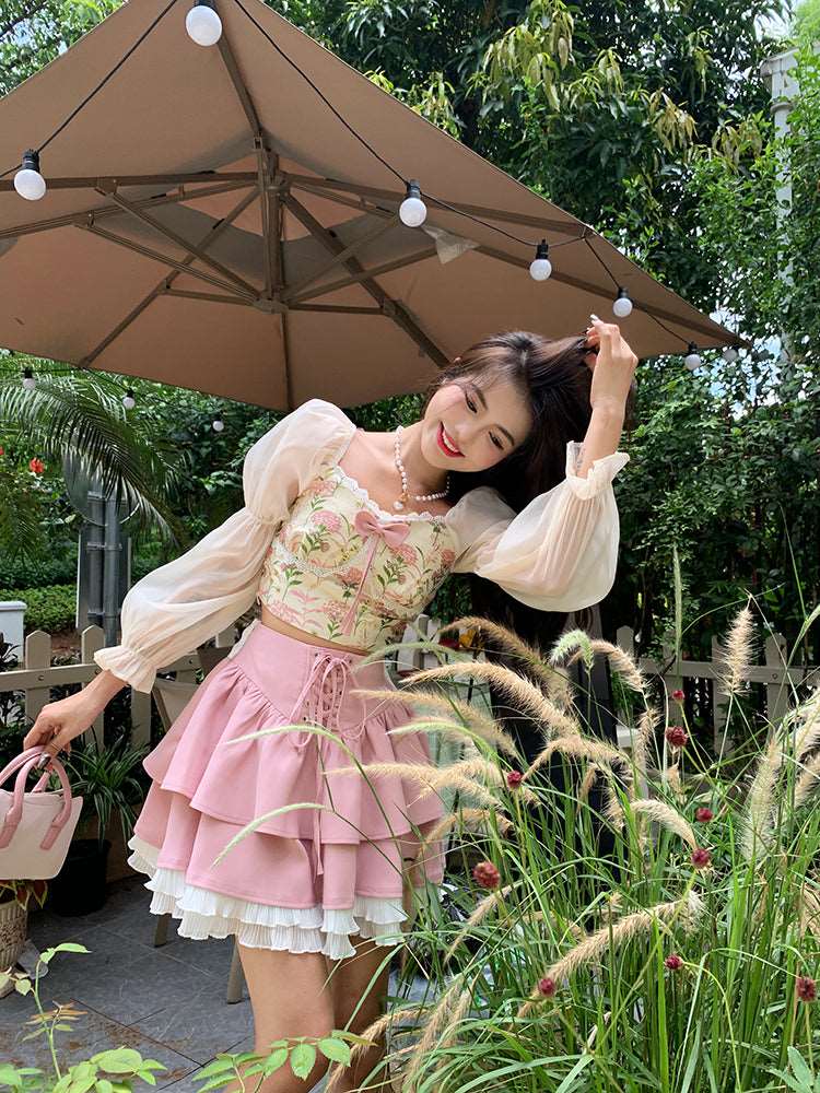Blue Angel Sweet Vintage Elegant Pink Floral Blouse Skirt Two Piece Set - Image 6