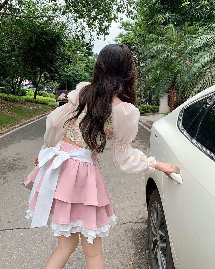Blue Angel Sweet Vintage Elegant Pink Floral Blouse Skirt Two Piece Set - Image 8