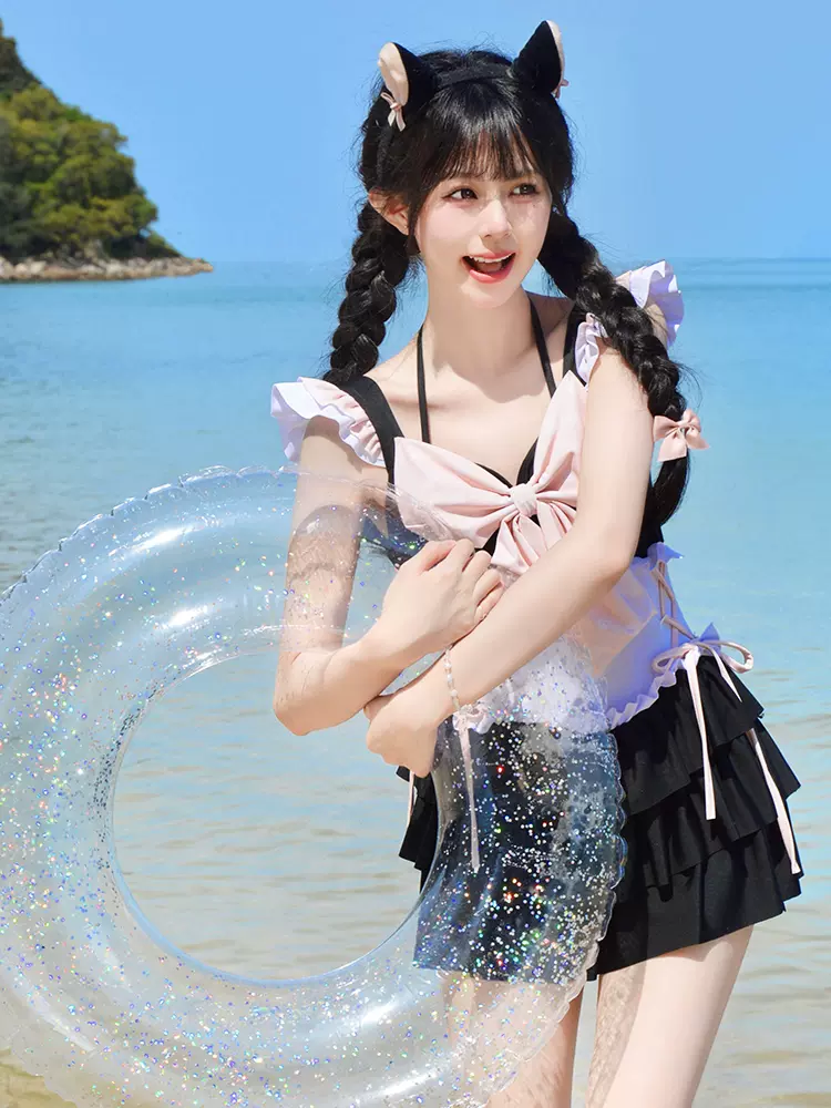 Sweetheart Bubble Black Pink Bow Onepiece Swimsuit - Image 2