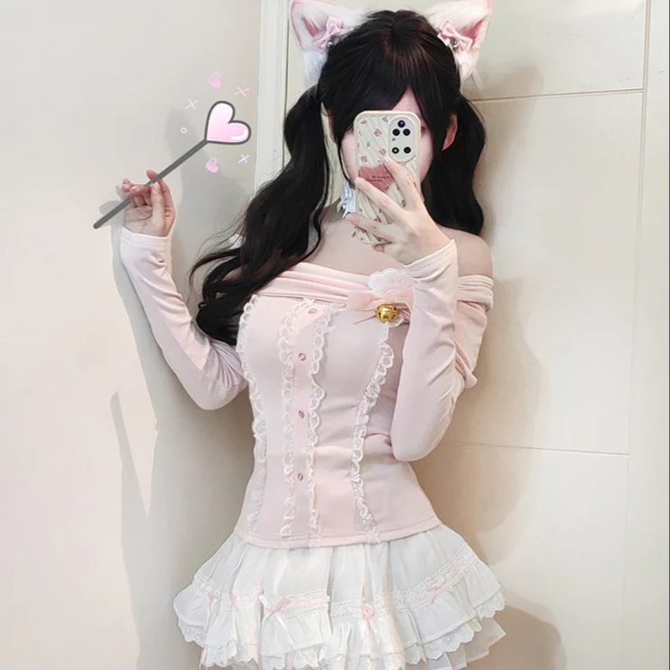Sweetheart Cat Pink Top & White Skirt Two Piece Set