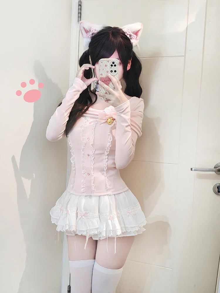 Sweetheart Cat Pink Top & White Skirt Two Piece Set - Image 2