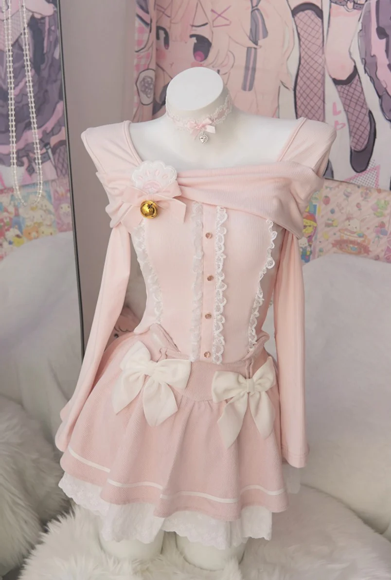 Sweetheart Cat Pink Top & White Skirt Two Piece Set - Image 3