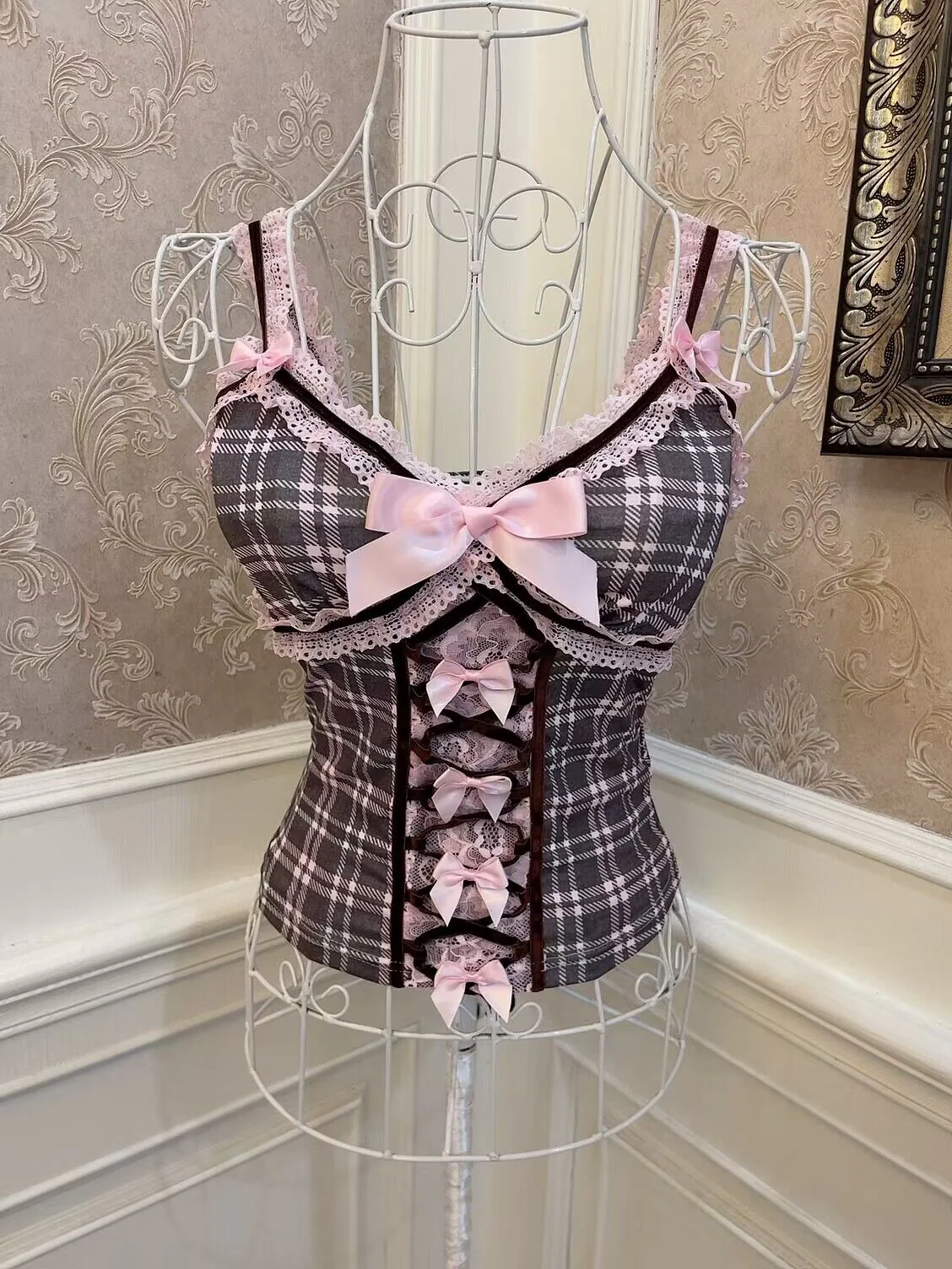 Sweetheart Princess Black Pink Plaid Coquette Camisole Tank Top - Image 4
