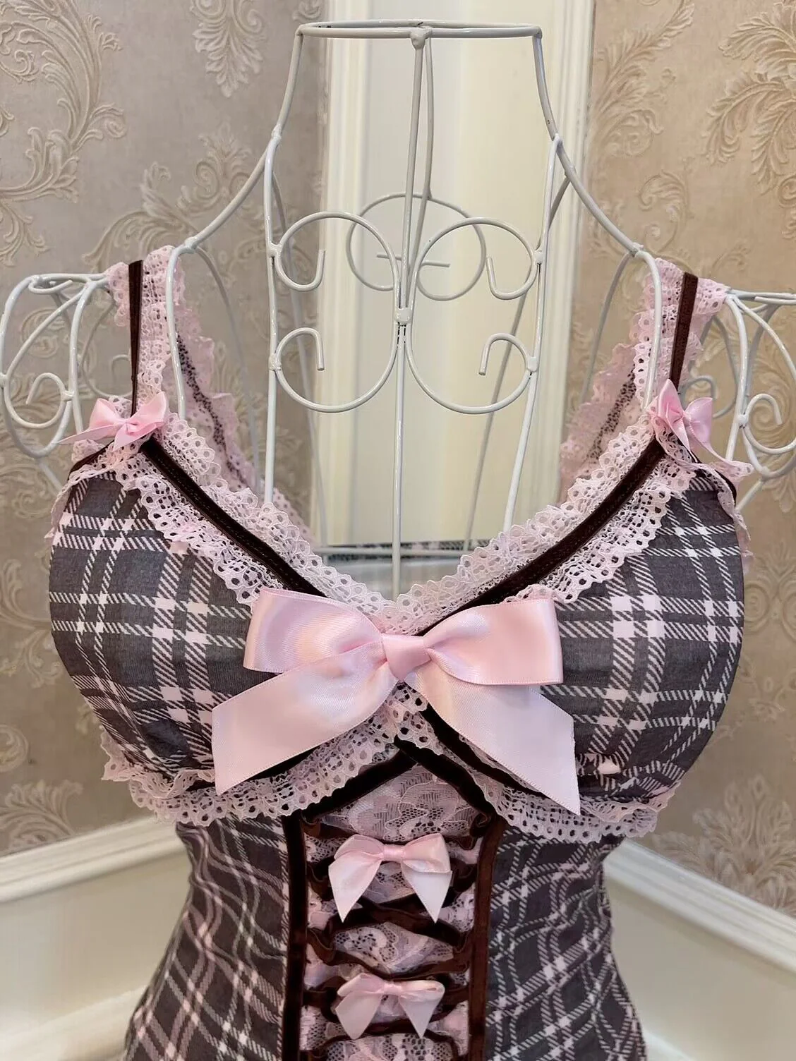 Sweetheart Princess Black Pink Plaid Coquette Camisole Tank Top - Image 5