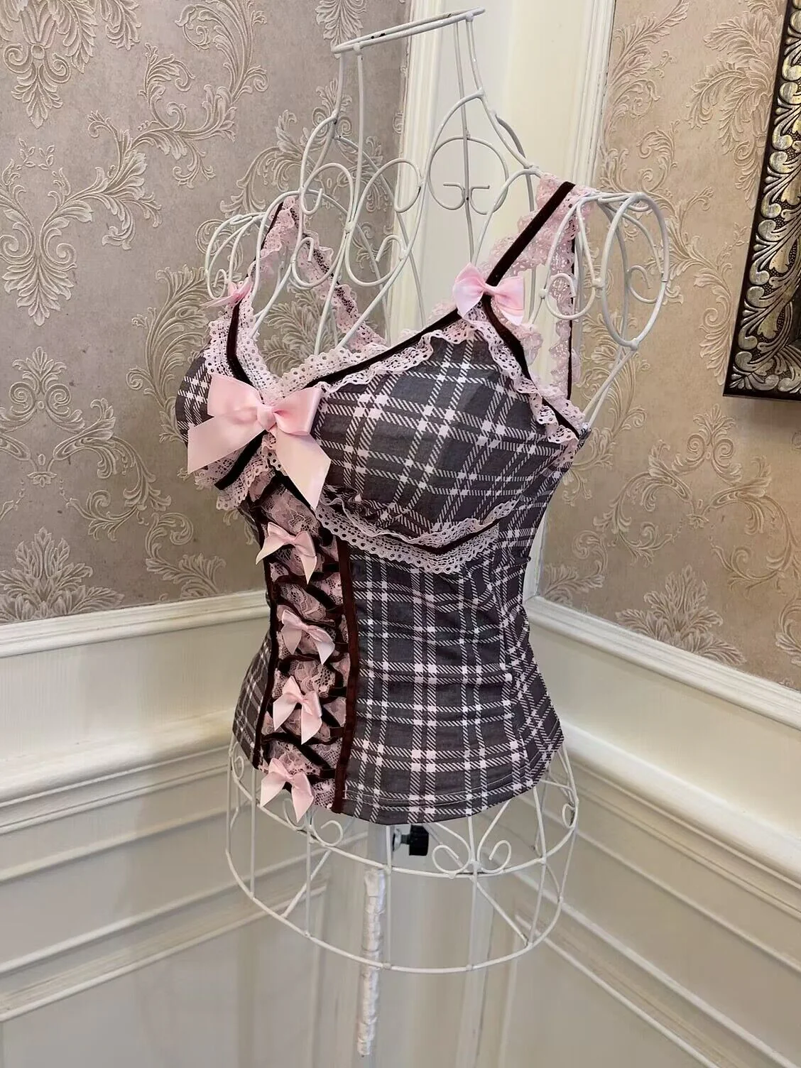 Sweetheart Princess Black Pink Plaid Coquette Camisole Tank Top - Image 6