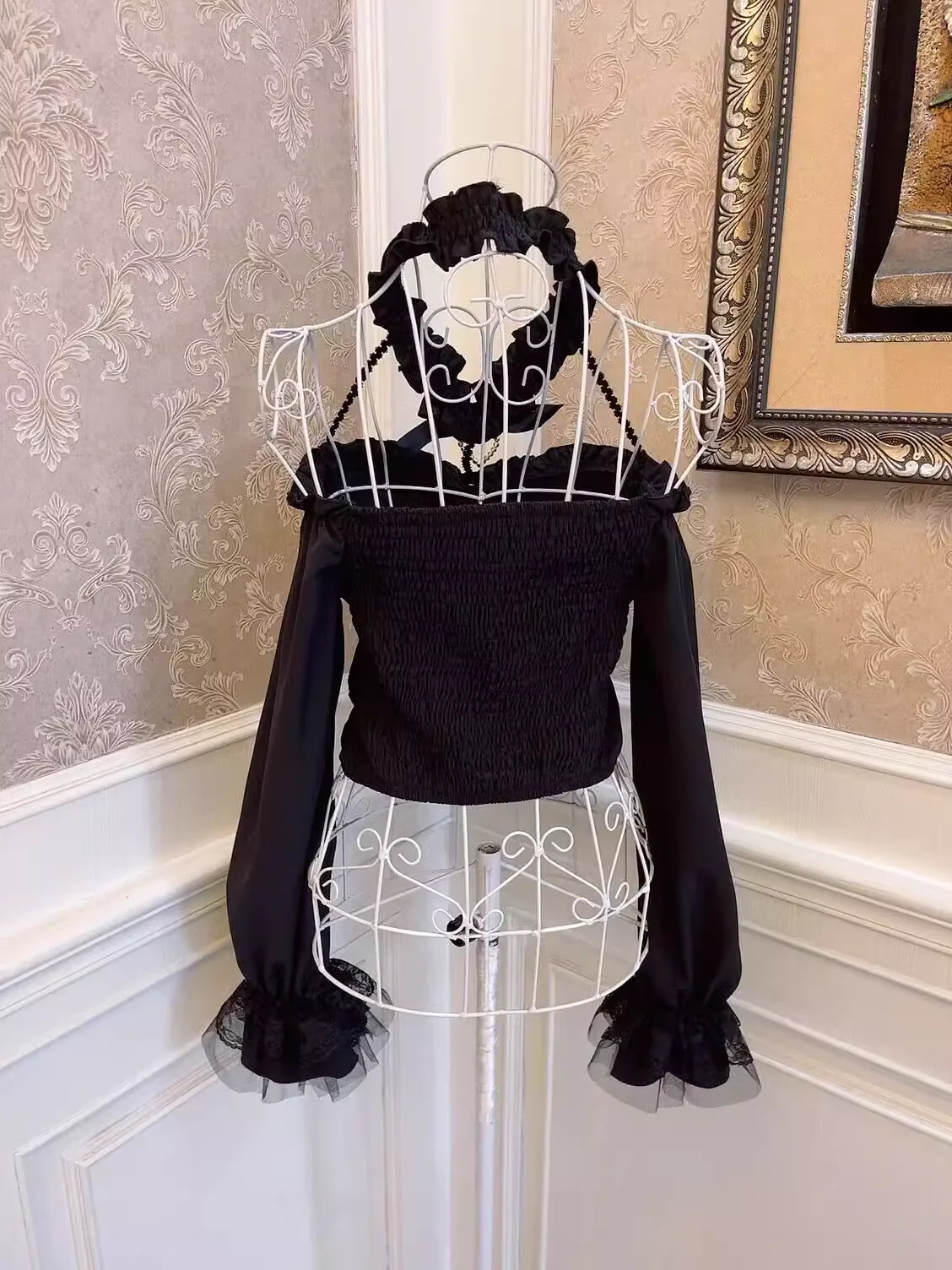 Sweetheart Princess Black White Vintage Coquette Bow Heart Diamond Pearl Lace Bell Sleeves Long Sleeve Shirt Top - Image 10