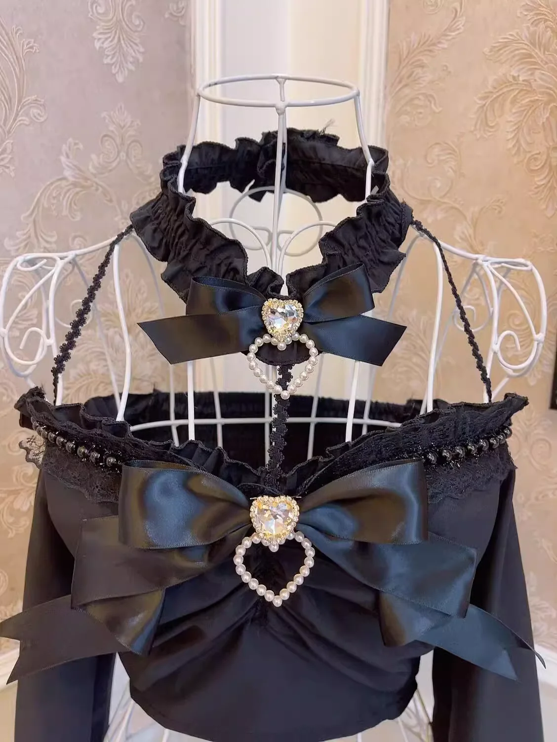 Sweetheart Princess Black White Vintage Coquette Bow Heart Diamond Pearl Lace Bell Sleeves Long Sleeve Shirt Top - Image 5