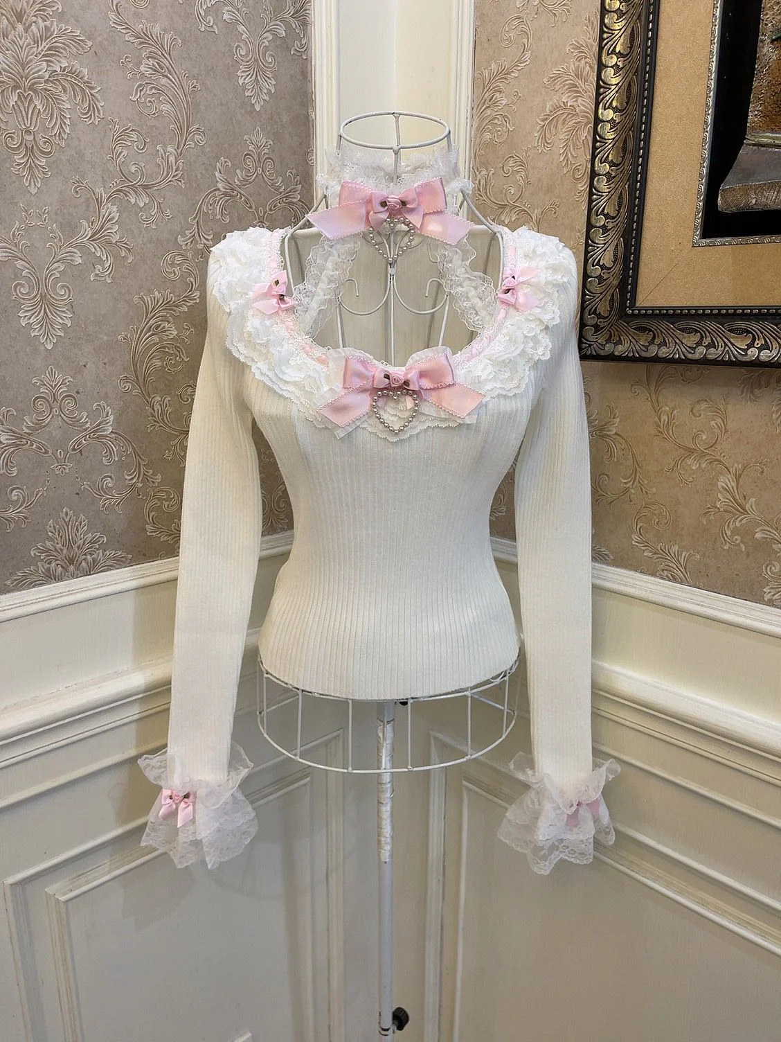 Sweetheart Princess Fantasy Flower White Halter Neck Knit Sweater Top & Pink Skirt Two Piece Set - Image 2