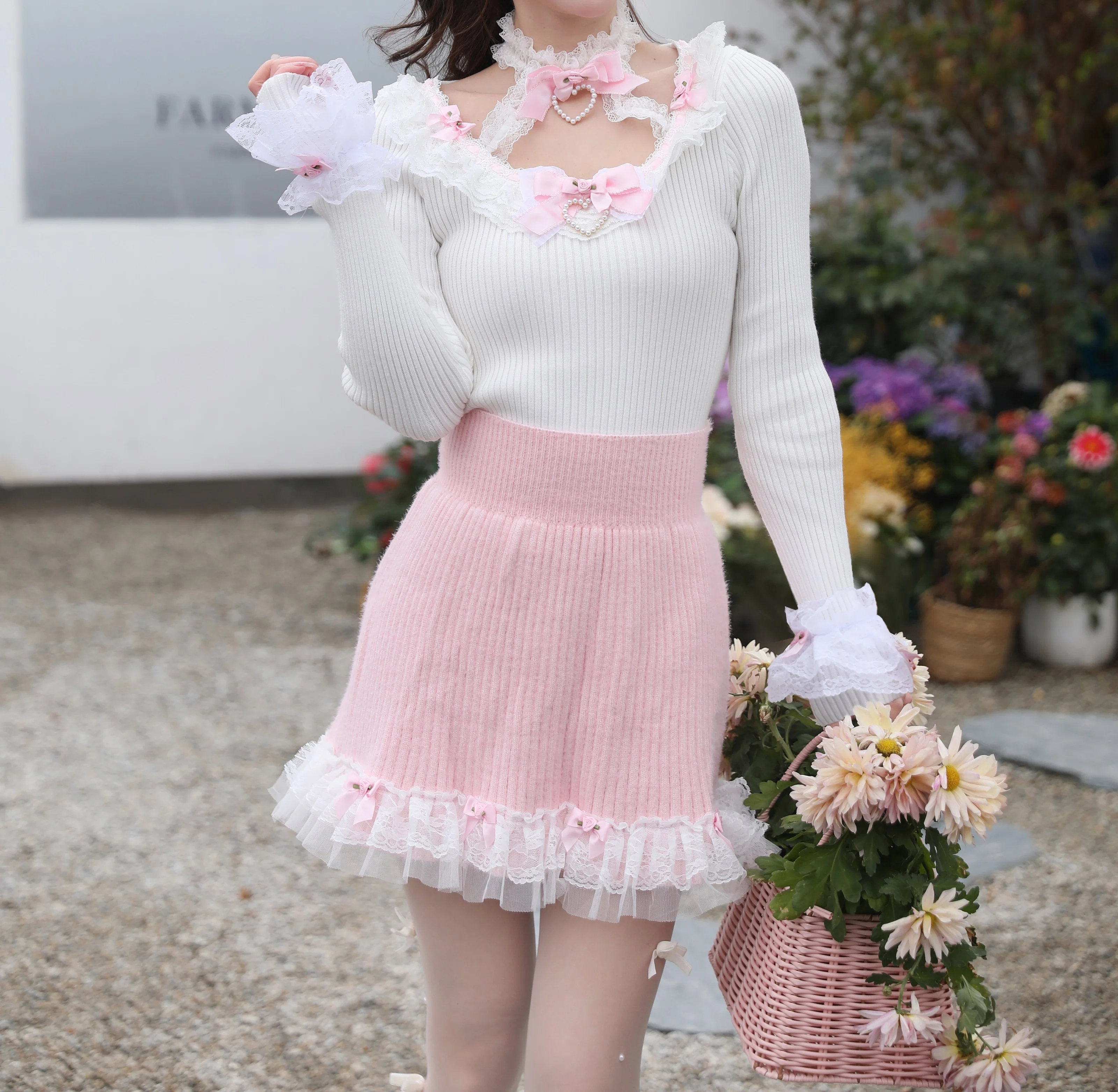 Sweetheart Princess Fantasy Flower White Halter Neck Knit Sweater Top & Pink Skirt Two Piece Set - Image 4