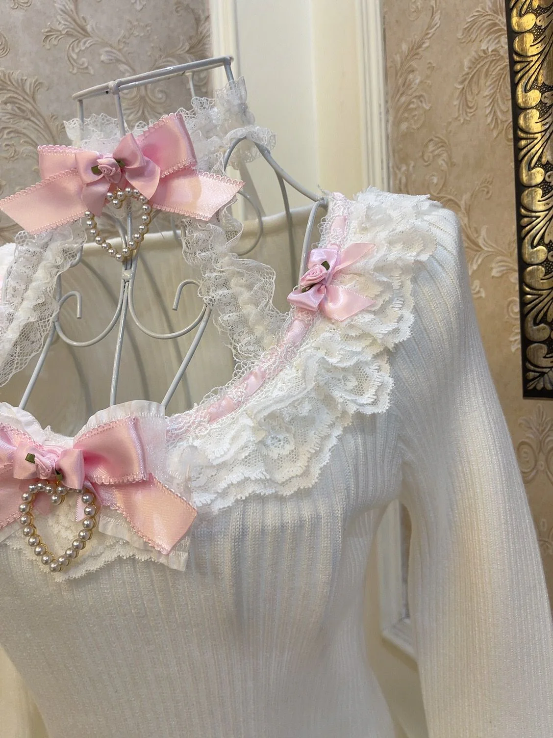 Sweetheart Princess Fantasy Flower White Halter Neck Knit Sweater Top & Pink Skirt Two Piece Set - Image 7