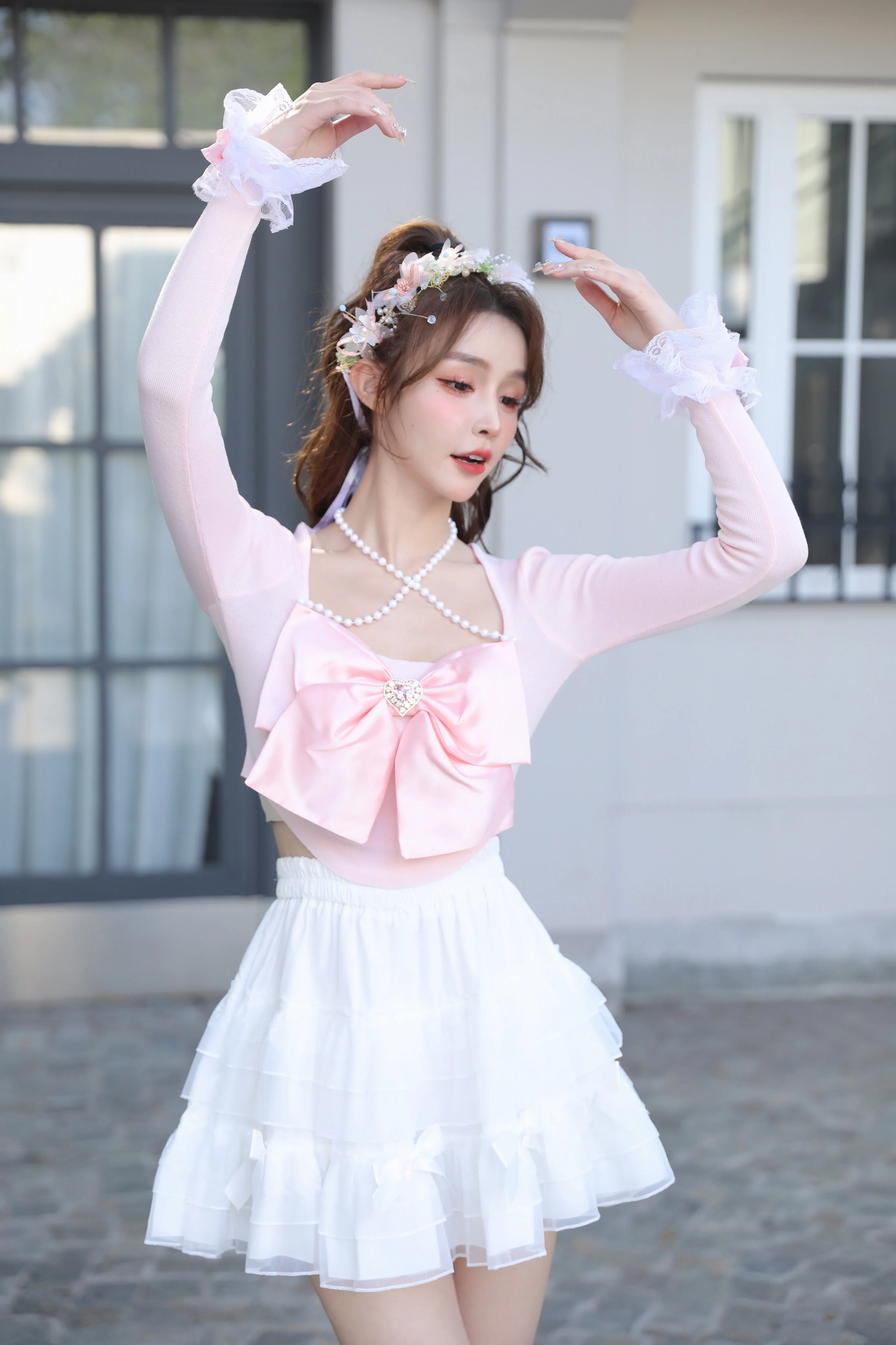 Sweetheart Princess Halter Neck Bow Pink White Black Knit Sweater Top - Image 4