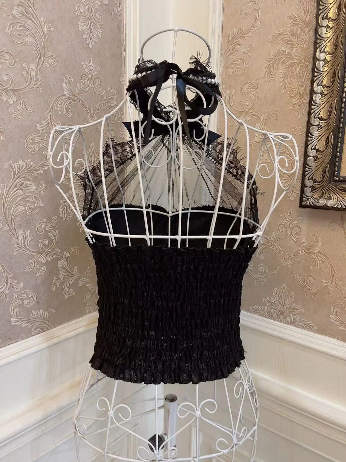 Sweetheart Princess Lace Girly Black White Halter Neck Bandeau Top - Image 10