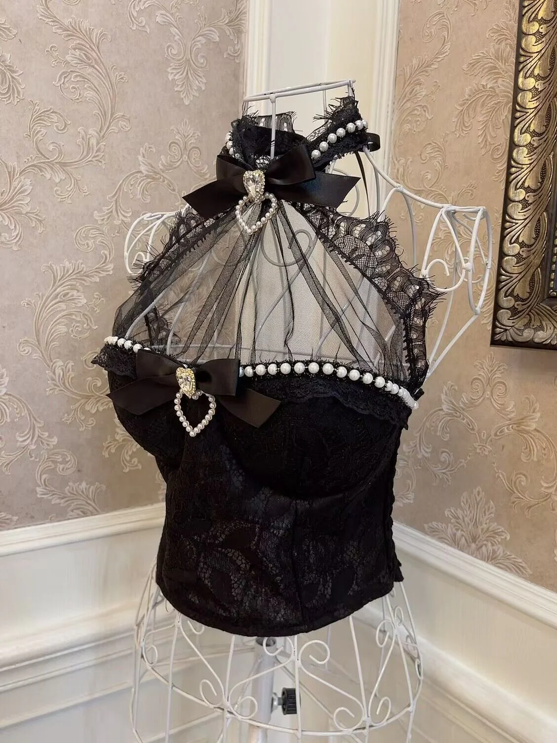 Sweetheart Princess Lace Girly Black White Halter Neck Bandeau Top - Image 7
