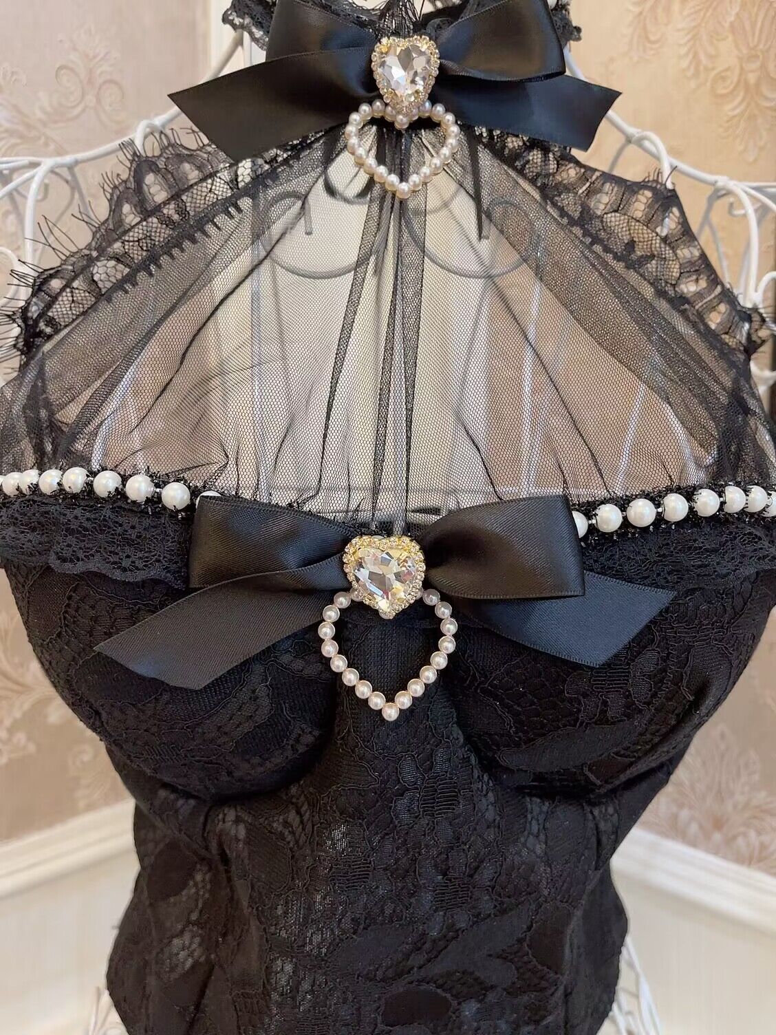 Sweetheart Princess Lace Girly Black White Halter Neck Bandeau Top - Image 8