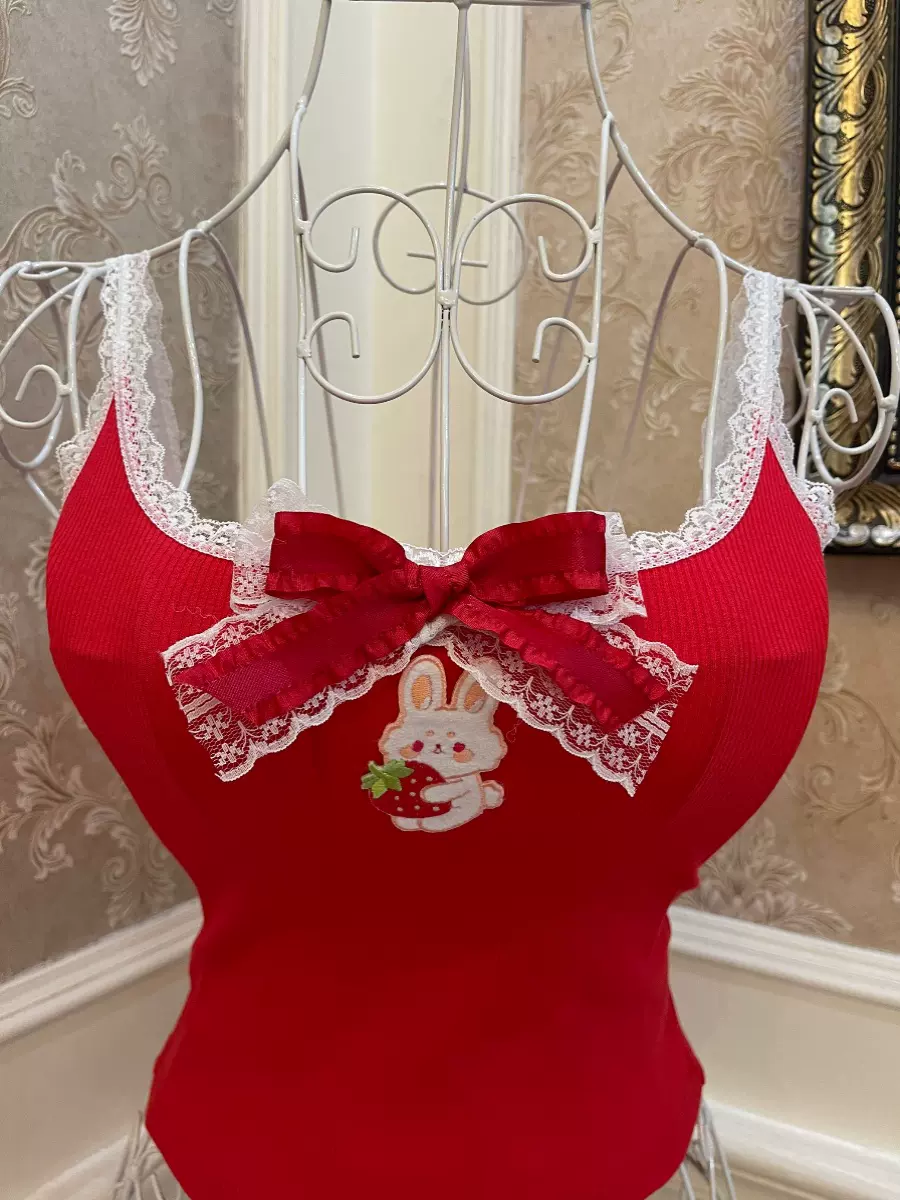 Sweetheart Princess Red Strawberry Rabbit Camisole Top - Image 5