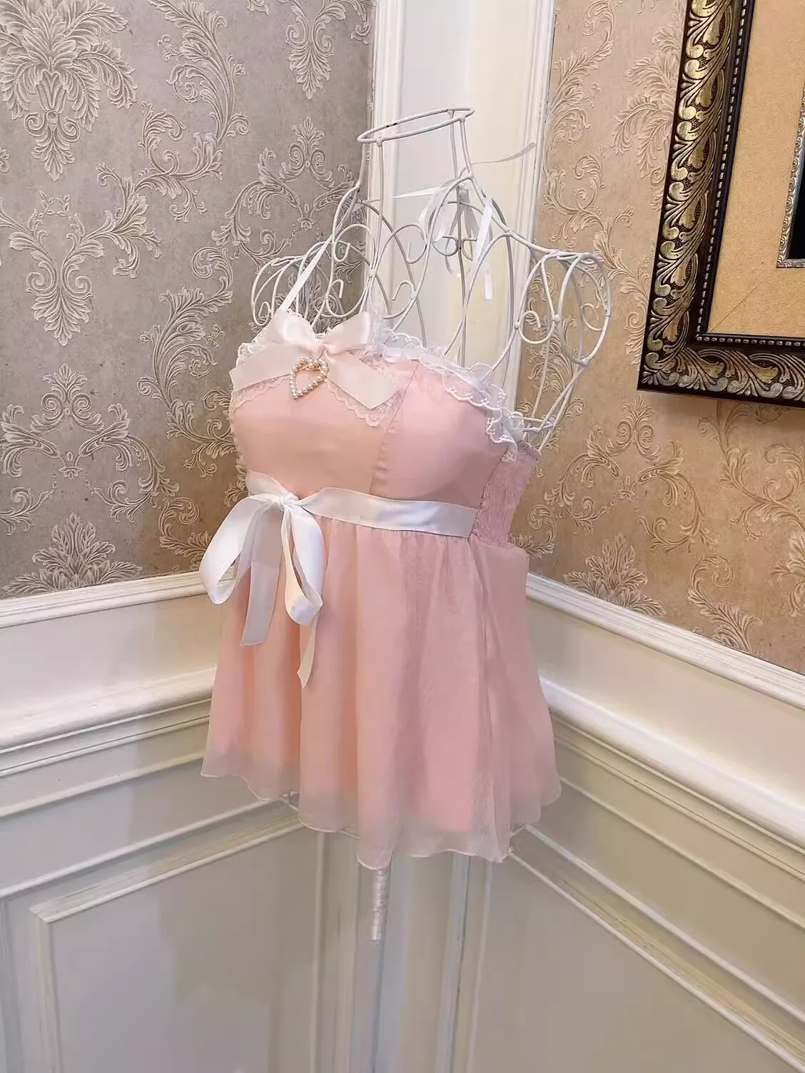 Sweetheart Princess Romantic Pink Vintage Coquette White Ribbon Strap Camisole - Image 2