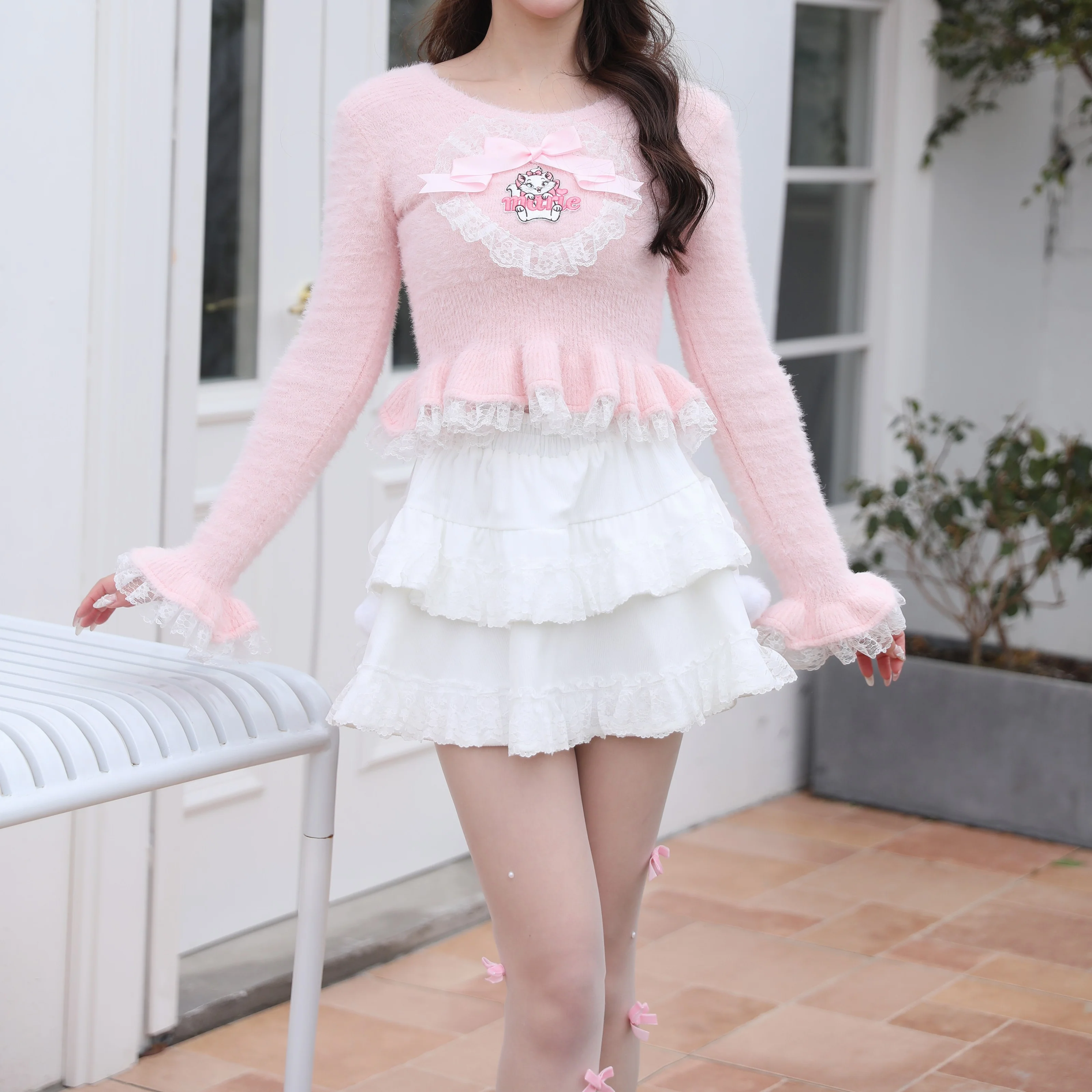 Sweetheart Princess Winter Marie Cat Pink Fuzzy Cropped Sweater & White Ruffled Skirt Two Piece Set - Image 4