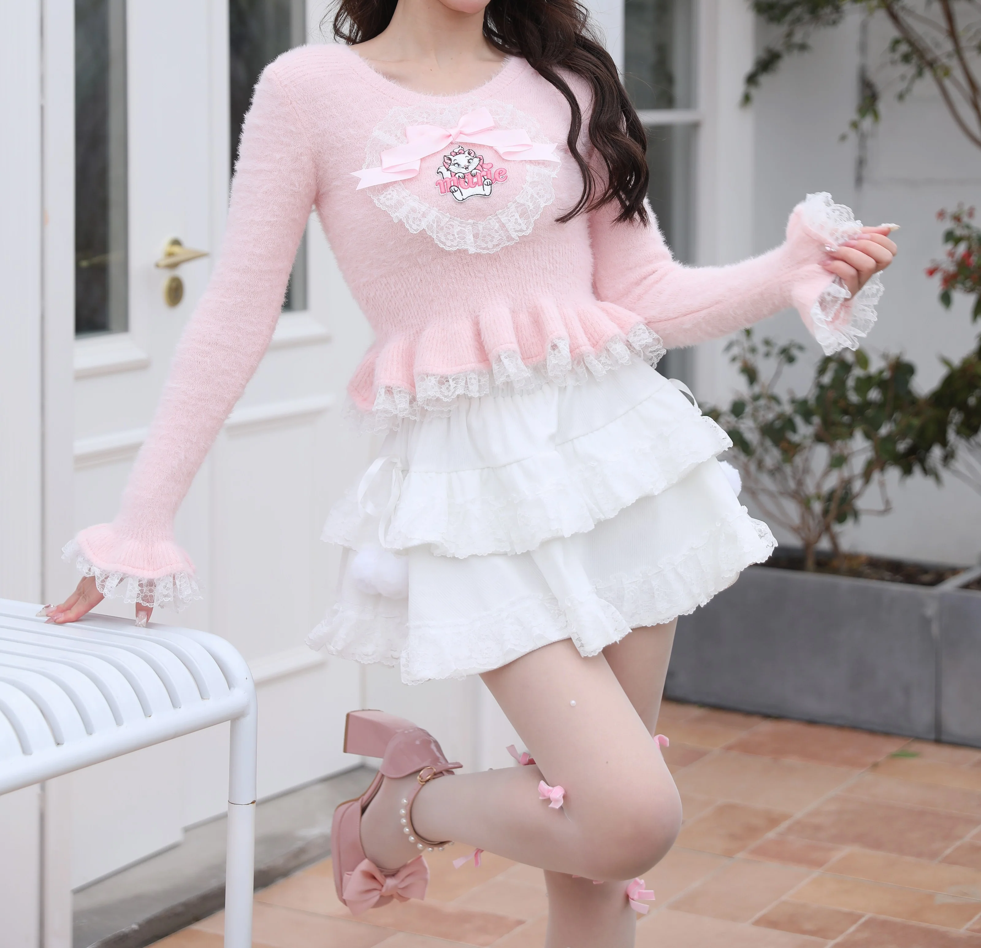 Sweetheart Princess Winter Marie Cat Pink Fuzzy Cropped Sweater & White Ruffled Skirt Two Piece Set - Image 5