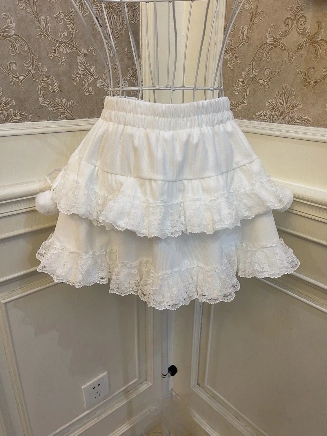 Sweetheart Princess Winter Plush Fuzzy Pink Sweater Pompom Balls & White Ruffled Skirt Two Piece Set - Image 3