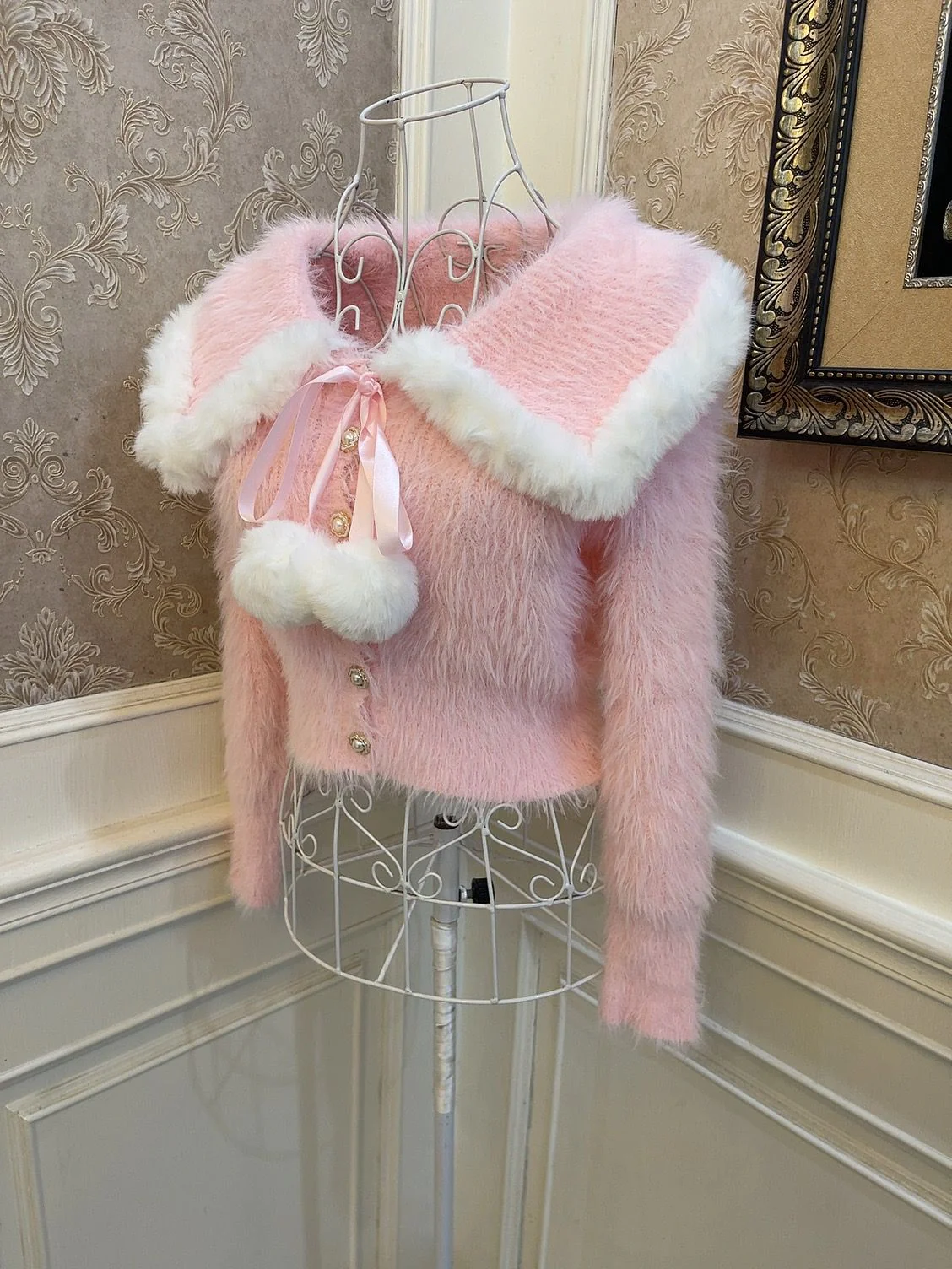 Sweetheart Princess Winter Plush Fuzzy Pink Sweater Pompom Balls & White Ruffled Skirt Two Piece Set - Image 8