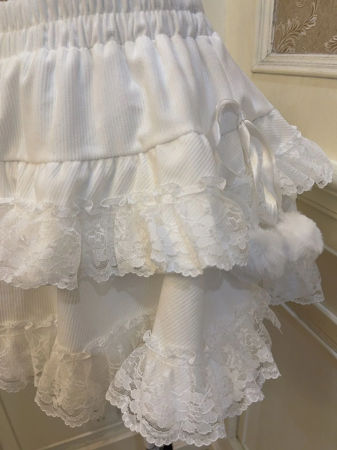Sweetheart Princess Winter Plush Fuzzy Pink Sweater Pompom Balls & White Ruffled Skirt Two Piece Set - Image 9