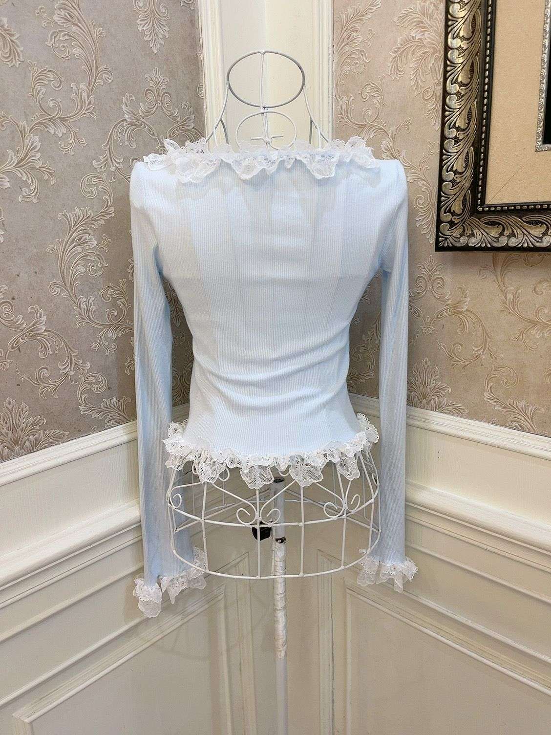 Sweetheart Princess Wood Lace Trumpet Sleeve Blue Top - Image 3