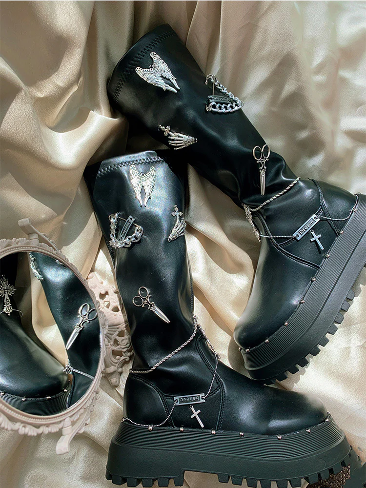 Pinky Tassel Chain Dark Academia Autumn Winter Round Toe Black Boots Shoes - Image 2