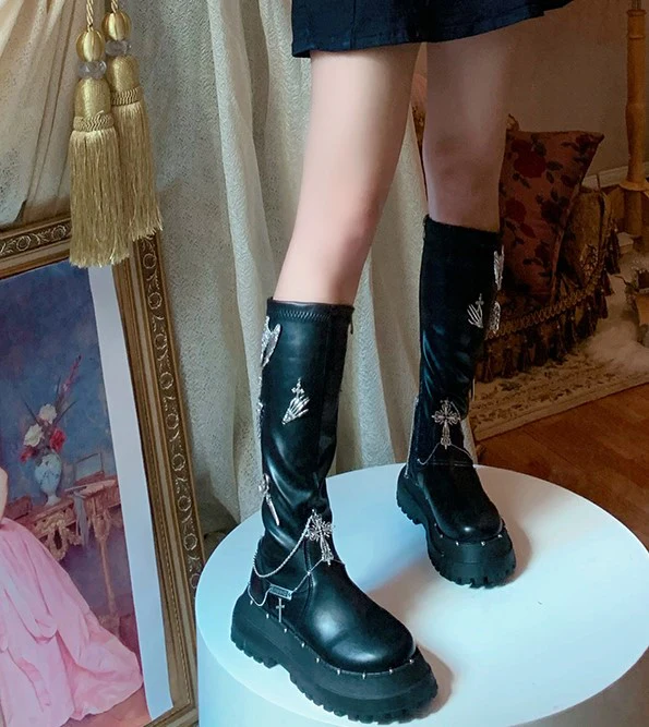 Pinky Tassel Chain Dark Academia Autumn Winter Round Toe Black Boots Shoes - Image 3